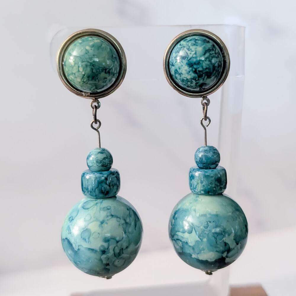 Vintage Stud Earrings Extra Large Teal Tones Dangle